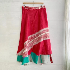 NWT Darn Good Yarn Upcycled Silk green & red Maxi Length sari wrap skirt, 14-32 - Picture 1 of 5