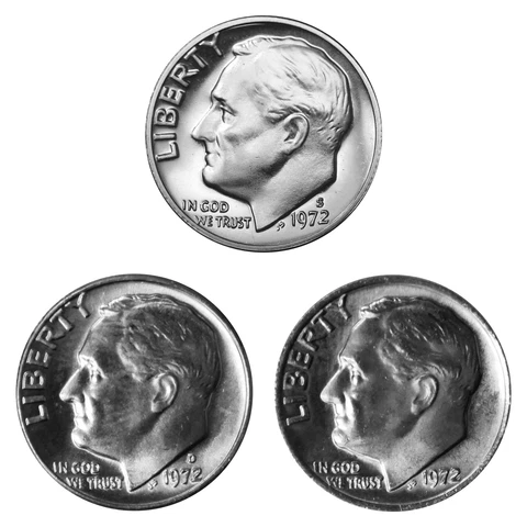1972 P D S Roosevelt Dime 10c Year set Proof & BU US 3 Coin lot Cover