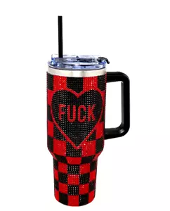Checkered Red and Black "F" Rhinestone Travel Tumbler with Straw - 40 oz. - Picture 1 of 2