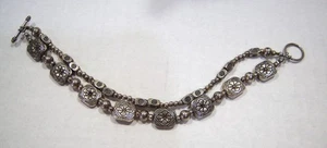 Vtg Artisan Silver Tone Double Strand Bracelet Embossed Metal Beads Toggle Clasp - Picture 1 of 5