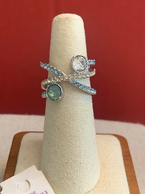 Lia Sophia "Spun Sugar" Criss Cross Blue/Yellow Crystals Silver Tone Size 6 Bin7 - Image 1 of 4