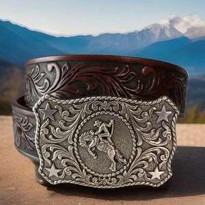 Justin Kids BRONCO BUSTING Leather Belt Made in USA Size 24 NWT List $38 Rare! - Picture 1 of 5