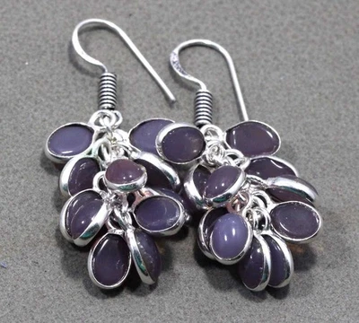 Purple Chalcedony 925 Silver Plated Earrings 1.5" Aesthetic Jewellery GW - Image 1 of 3
