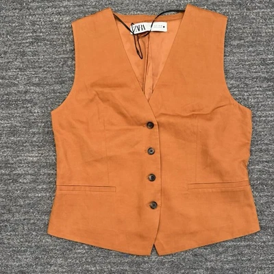 Chaleco Zara Mujer Pequeño Naranja Lino Mezcla Algodón Cintura Abrigo Ropa Hombre Academia Foto 1 de 4