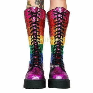 Moda Mujeres Chic Arco Iris Con Cordones Puntera Redonda Informal Media Pantorrilla Botas Zapatos US10 - Imagen 1 de 25