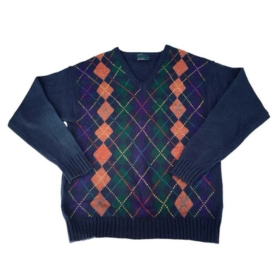 VTG Arrow Sweater 2XL Blue Pink Argyle Chunky Knit VNeck Grandpa Golf Preppy 90s - Image 1 of 4