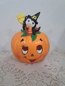 Vintage seltene große Lefton schwarze Katze Kürbis Teelicht Windlicht Halloween Hexe LESEN - Bild 1 von 9