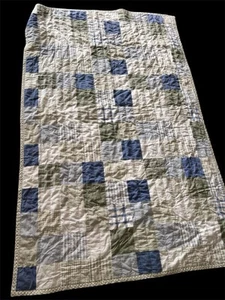 Faux Patchwork Baby Boy Crib Quilt, Denim Plaid Stripe Chambray Blue Olive Sage - Picture 1 of 6