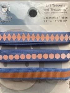 NEU Vintage Lil DAVIS BAND 3 STILE JE 2 YARDS BLAU & ORANGE - Bild 1 von 2