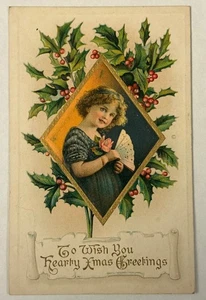Antique Postcard To Wish You Hearty Xmas Greetings Posted 1912 Victorian Girl - Picture 1 of 3