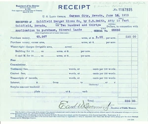 1913 RECEIPT TO GOLDFIELD MINES FOR PURCHASE OF 45 ACRES FROM DEPT OF INTERIOR - Picture 1 of 3
