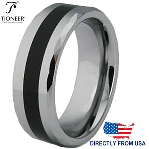 Anillo de boda con incrustación de tira de resina negra carburo de tungsteno para hombre 8 mm grabado gratuito - Imagen 1 de 5