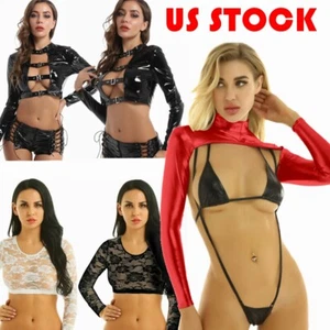 Women Shiny Metallic Crop Top Long Sleeve Bolero Shrug Slim Fit Jacket Nightclub - Bild 1 von 47