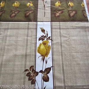 100cm x 118cm Yellow Rose Bud Brown Check Cotton Vintage Curtain Fabric 1950s - Picture 1 of 6