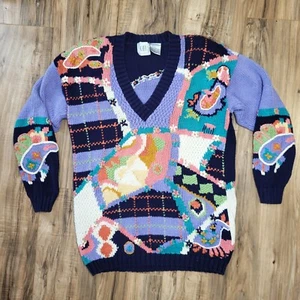 Suéter bordado vintage años 80 tejido CHU pequeño formas multicolores púrpura para mujer - Imagen 1 de 7
