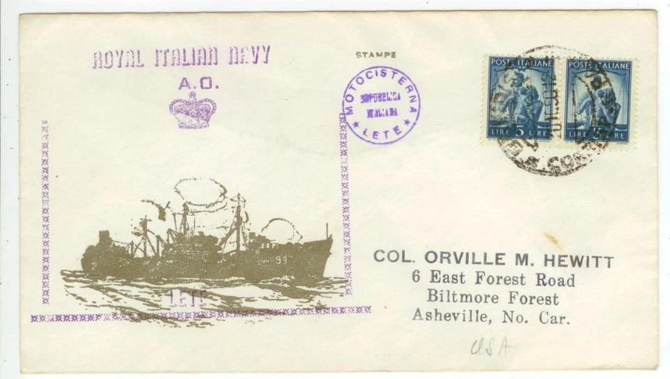 1950 Italy Royal Navy Motocisterna Lete to Col. Hewitt Ashville North Carolina - Image 1 of 1