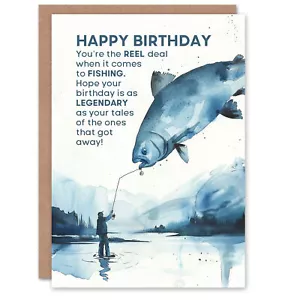 The Reel Deal Lake Fishing Pun Blue Watercolour Birthday Card - Picture 1 of 6
