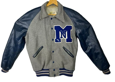 Howe Vintage Varsity Bomber Jacket L Wool Leather Gray Blue M N Track Symbol - Image 1 of 4