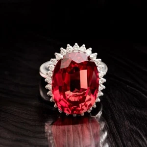 Oval Cut 21.00 Ct Natural Diamond Lab Grown Red Sapphire Platinum Wedding Ring - Picture 1 of 16