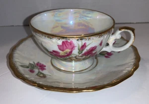 Taza y platillo vintage de rosas florales nacaradas con brillo irridiscente Japón - Imagen 1 de 14