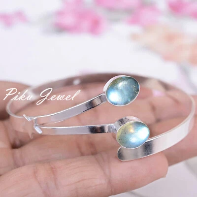 Blue Fire Labradorite Gemstone 925 Sterling Silver Cuff Romantic Gift Bangle - Image 1 of 4