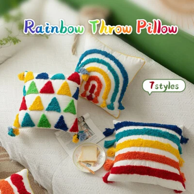 Rainbow Striped Tufted Throw Pillow Case Bohemian Tassels Cushion Cover 45x45cm - Image 1 of 4