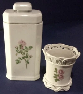 3pc.Vintage Vanity Set Bathroom/MakeUp Accessories White-Pink Roses Napco-Japan - Picture 1 of 7