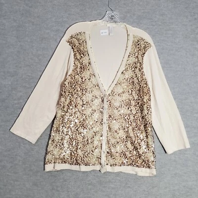 Chico's Women Sweater 2 Beige Cardigan Sequin Long Sleeve V Neck - Image 1 of 4