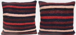 two Kurdish kilim pillow cases handmade striped wool square striped rugs 24"X24" - Picture 1 of 4