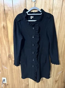 Madison Women’s 100% Wool Ruffled Black Coat Pockets Big Buttoned Sz Large Class - Picture 1 of 16