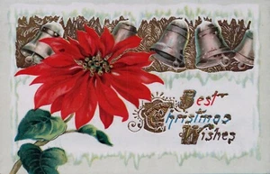 Best Christmas Wishes Bells and Snow Vintage Poinsettia Christmas Postcard - Picture 1 of 2