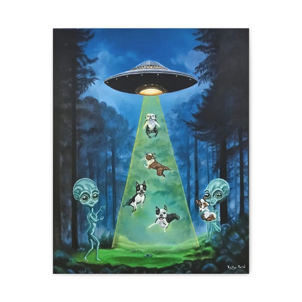 Caprichoso Boston Terrier Alien Perro Abducción Pintura Lienzo Impresión Ciencia Ficción  Foto 1 de 1