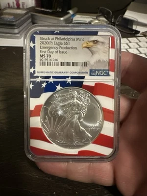 2020 P Philadelphia $1 American Silver Eagle NGC MS70 Emergency FDOR Flag Core - Image 1 of 2