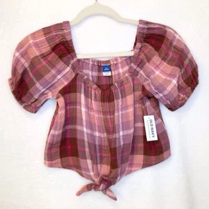 Old Navy Puff-Sleeve Double-Weave Tie-Knot Top in Pink Plaid Girls Size M - Picture 1 of 12