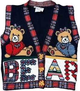 HEARTWORKS Teddy Bear Vintage 90s Knit Vest Size Small 7/8 Girls Made in USA 🍀 - Picture 1 of 14