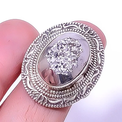 Titanium Black Agate Drusy Silver Plated Bali Ring s.6 F2632, Christmas Gift - Image 1 of 4