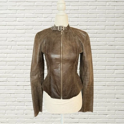 Chaqueta de moto de cuero verde vintage años 90 - ajustada recortada cuello alto hebilla Xs Foto 1 de 4