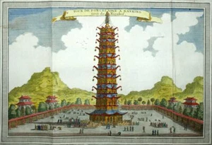 LA TOUR ou PAGODE DE PORCELAINE A NANKIN ou bào?n sì, gravure originale de 1748 - Picture 1 of 3