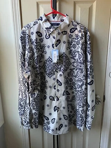 Cremieux Long-Sleeve Shirt XL Blue White Geo Print Albini 100% Cotton - Picture 1 of 3