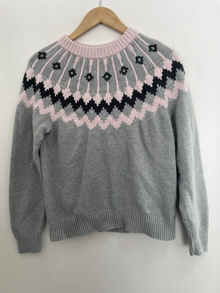 J. Suéter feminino Crew Fair Isle 100% algodão malha canelada manga longa cinza rosa M - Imagem 1 de 4