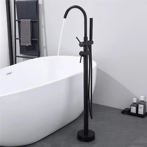 Black Freestanding Bathtub Faucet Brass Construction Single Handle Tub Spout - Picture 1 of 6