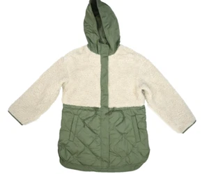 Old Navy Hooded Sherpa Quilted Hybrid Coat Tan Olive Green Womens Petite M - Picture 1 of 11