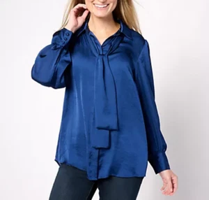 NWT Dennis Basso Satin Button Up Blouse Deep Sapphire Blue Bow Tie Size M FXT - Picture 1 of 18