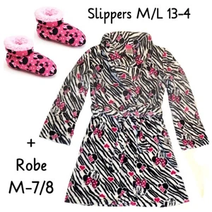 Minnie Mouse Girls M-7/8 Minky Plush Zebra Bath Robe + M/L Babba Bootie Slippers - Picture 1 of 3