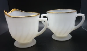 Anchor Hocking "Fire King" Sugar & Creamer - Milk Glass Swirl Gold Trim Vintage - Picture 1 of 8