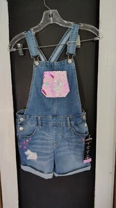 girls Jordache blue denim short overalls with pink sequin and stars size 10-12 - Picture 1 of 7