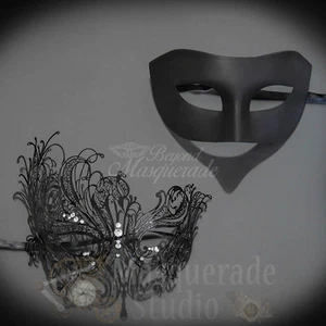 Couples Black Minimalist and Black Swan Costume Party Masquerade Masks Set - Picture 1 of 4