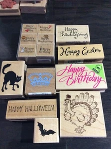 14 Stck. HOLZBLOCK GUMMI TINTE STEMPEL URLAUBE KARTENMACHER BASTELN PAPIER HERBST - Bild 1 von 6