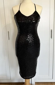 BOOHOO * SIZE 6 * BNWT * BLACK SEQUIN MIDI SPARKLY FITTED STRAPPY BODYCON DRESS - Picture 1 of 14