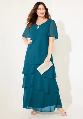 Maxi Vestido Catherines de Gasa en Niveles para Mujer Verde Azulado Cuello Cerradura Ligero 3X Nuevo con Etiquetas Foto 1 de 4
